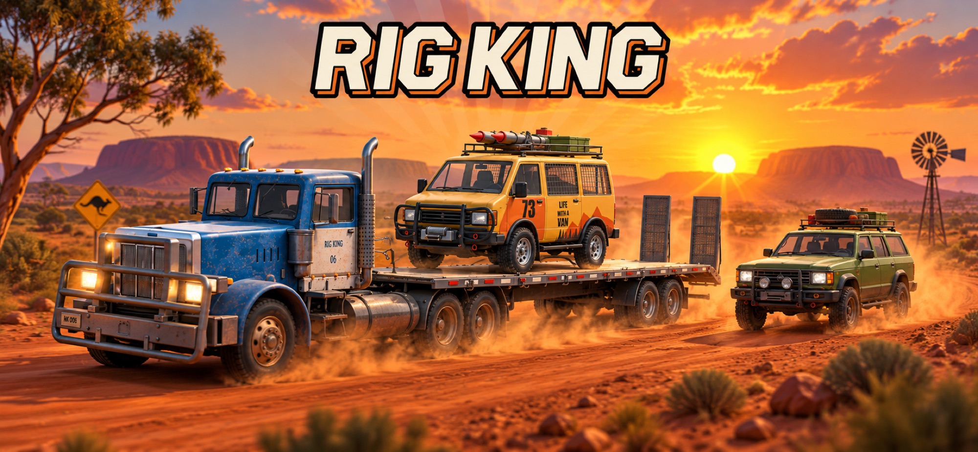 Rig King: a blue truck hauling a flatbed with a yellow van aboard across red outback dirt at sunset, a green wagon chasing